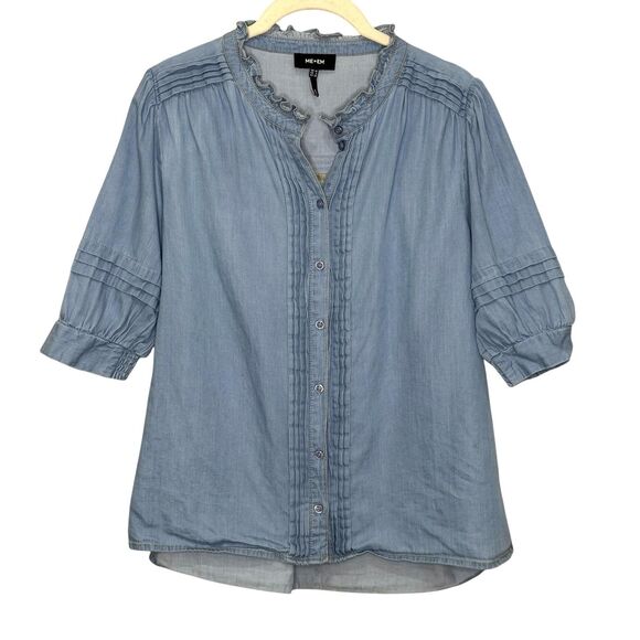ME+EM Shirt Womens UK 10 US 6 Blue Ruffle Button Cotton Top Blouse SS24WT925 - Picture 1 of 7